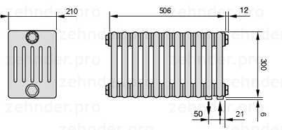Схема (чертеж) Радиатор Zehnder Charleston 6030/11 №5510 Белый глянцевый RAL 9016